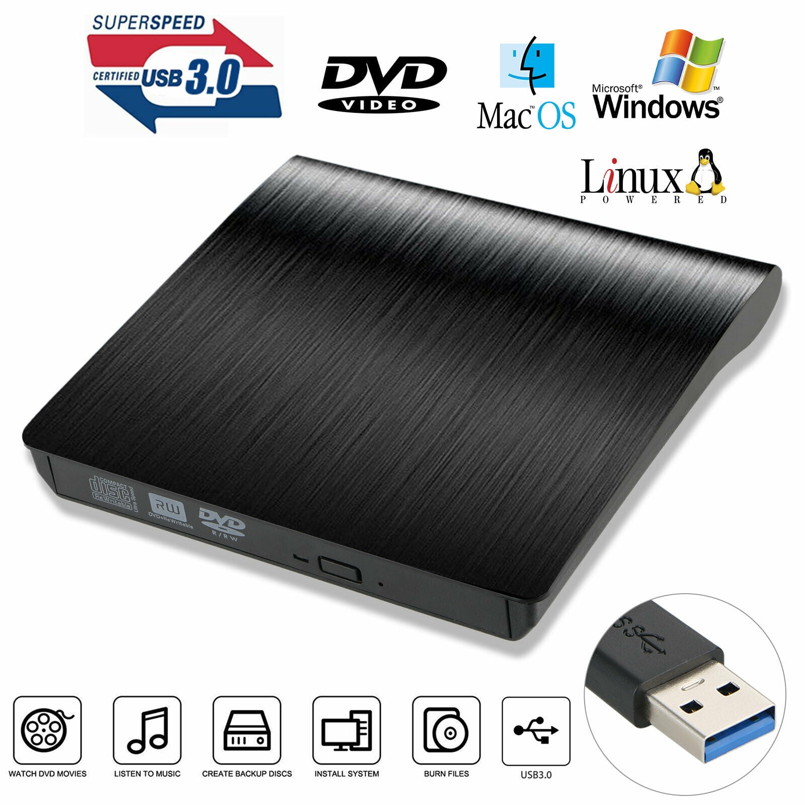 External USB 2.0/3.0 DVD RW CD Writer Slim Drive Burner Reader Player for PC Laptop