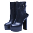 thumbnail image 2 of FSJ Women Stylish Platform Block High Heels Ankle Boots Round Closed Toe Booties Buckled Strap Side Zipper Shoes Size 5 Navy, 2 of 4