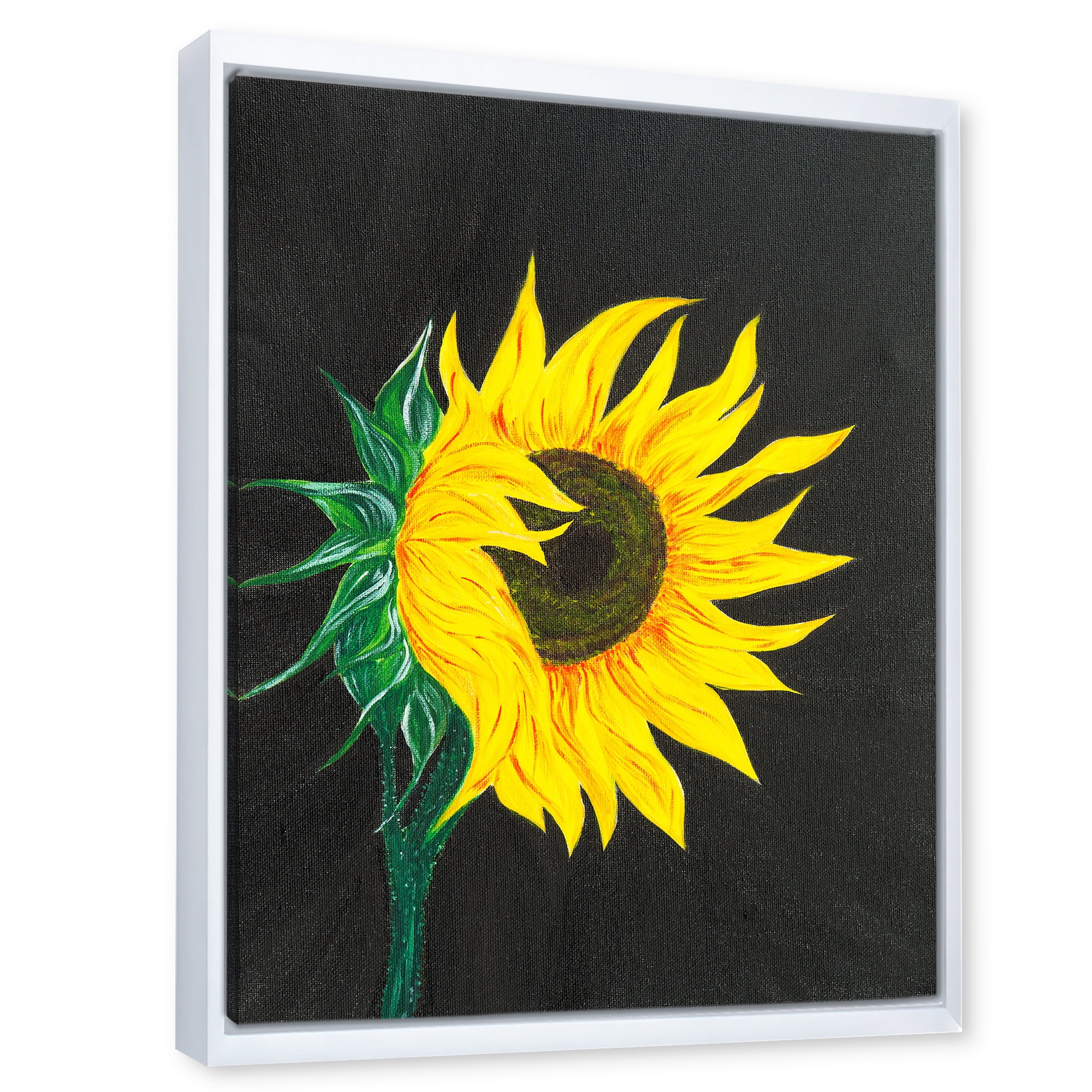 Designart 'Yellow Sunflower On Black' Traditional Framed Canvas Wall Art Print