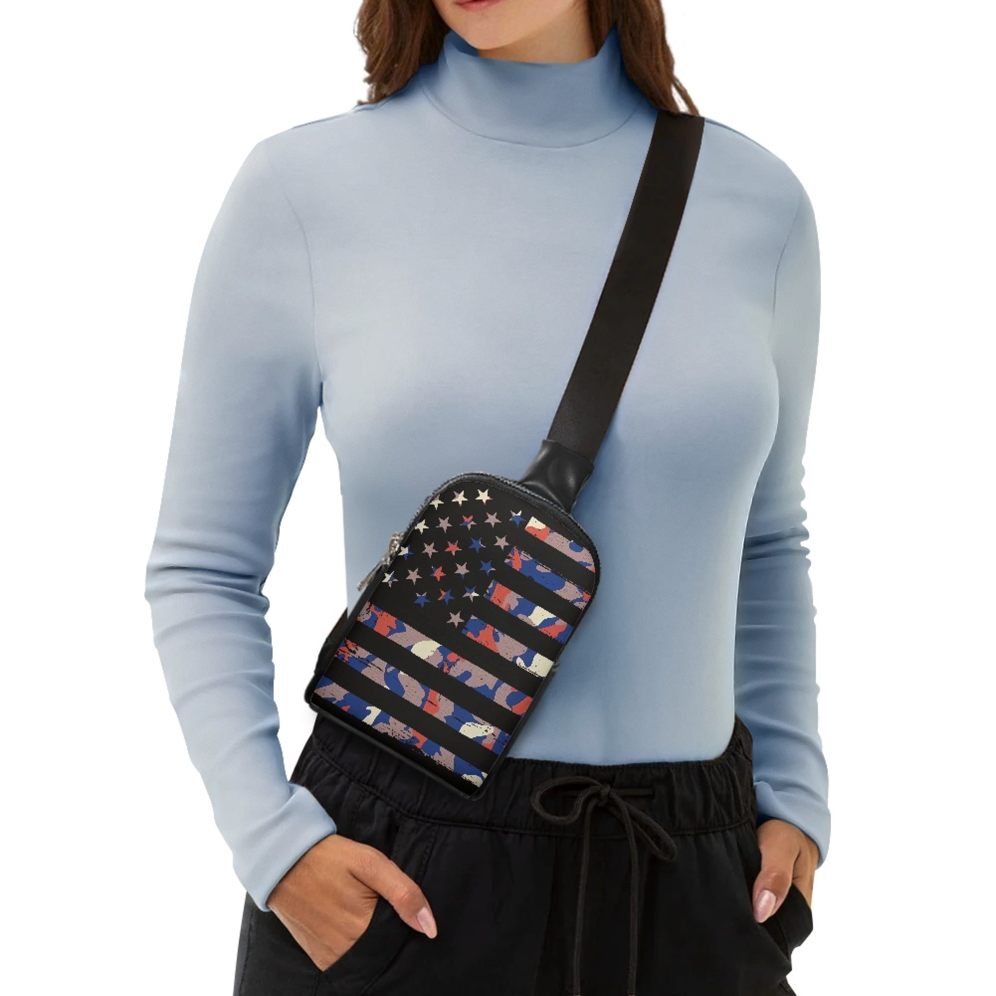 FOR U DESIGNS American Flag Crossbody Fanny Packs for Women Small Sling Bag Camo Shoulder Bag Travel Hiking Backpack Daypack PU Leather Chest Bag with Adjustable Strap