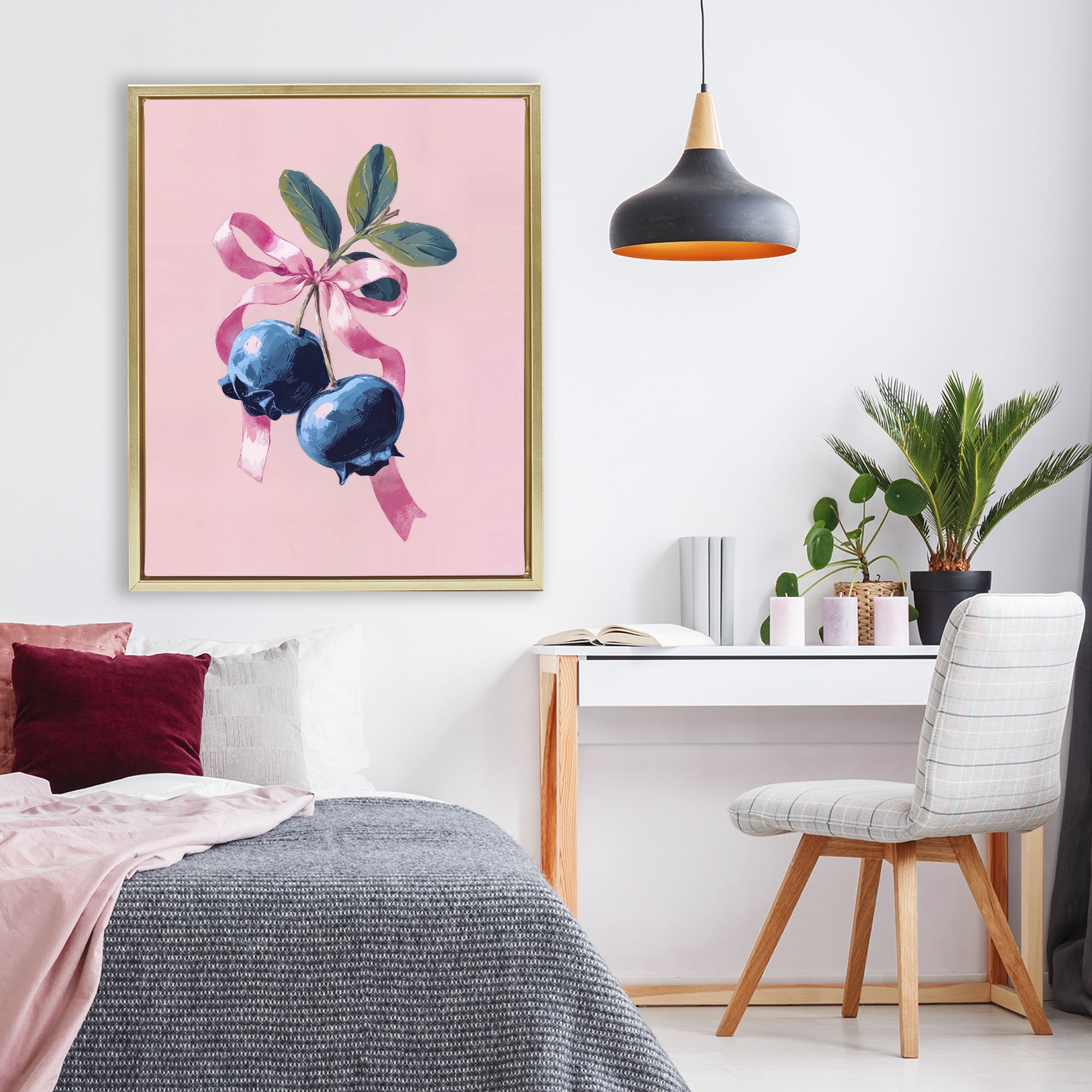 Stupell Industries Blueberry Branch with Pink Bow Gold Framed Floater Canvas Wall Art, design by Imagine It Images