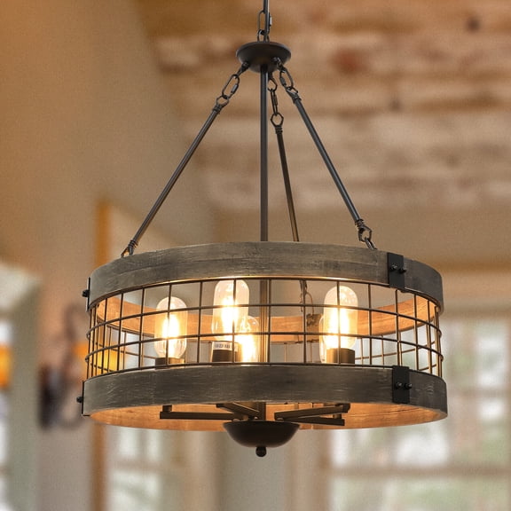 19inch 5-Light Rustic Farmhouse Chandeliers Island Wood Cage Drum Pendant Light