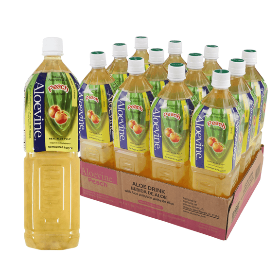 Aloevine Peach Aloe Vera Drink with Aloe Pulp, 50.7 fl oz, 12 Count Bottles