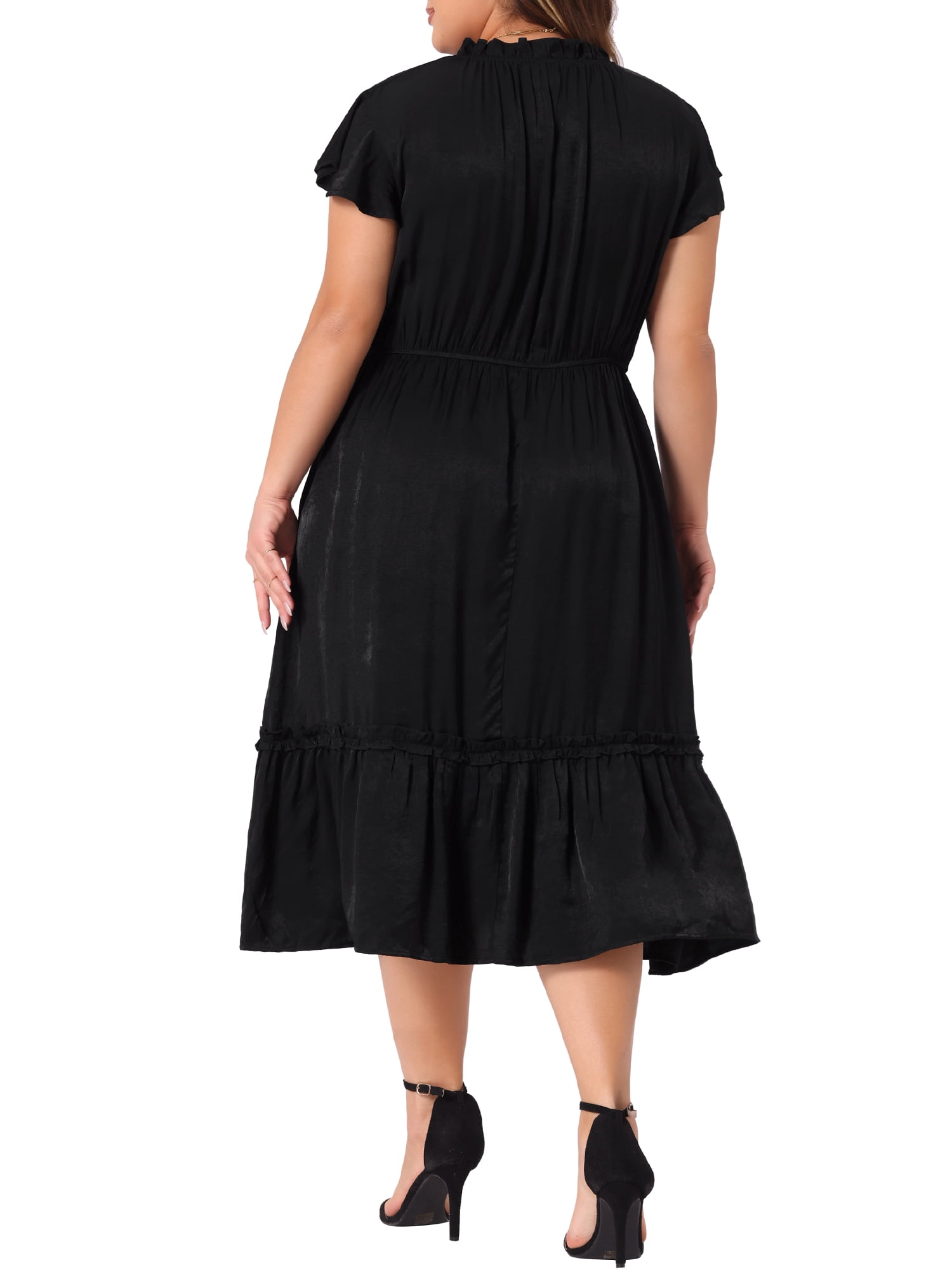 DARING DIVA Plus Size Bow Tie Neck Ruffle Cap Sleeve A Line Midi Dress 1X Black