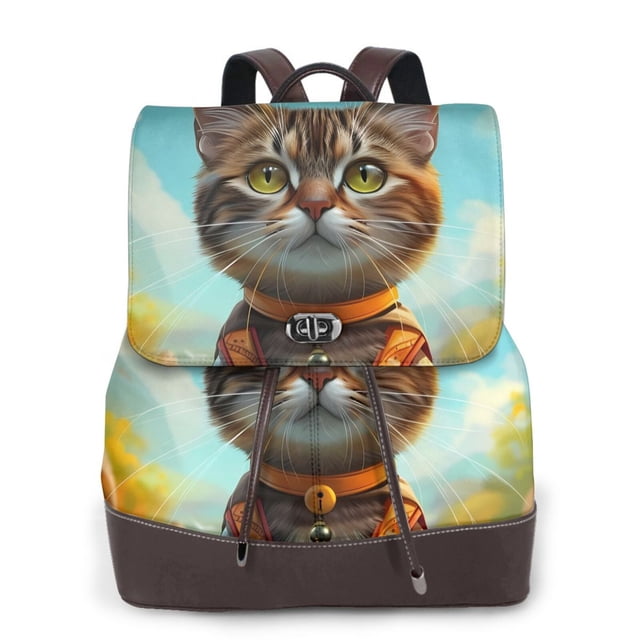 Easygdp Riverside Meditating Cat Mochila de Cuero para Mujeres, Bolso de Hombro, Bolsos de Mano de Moda para Trabajo y Viajes