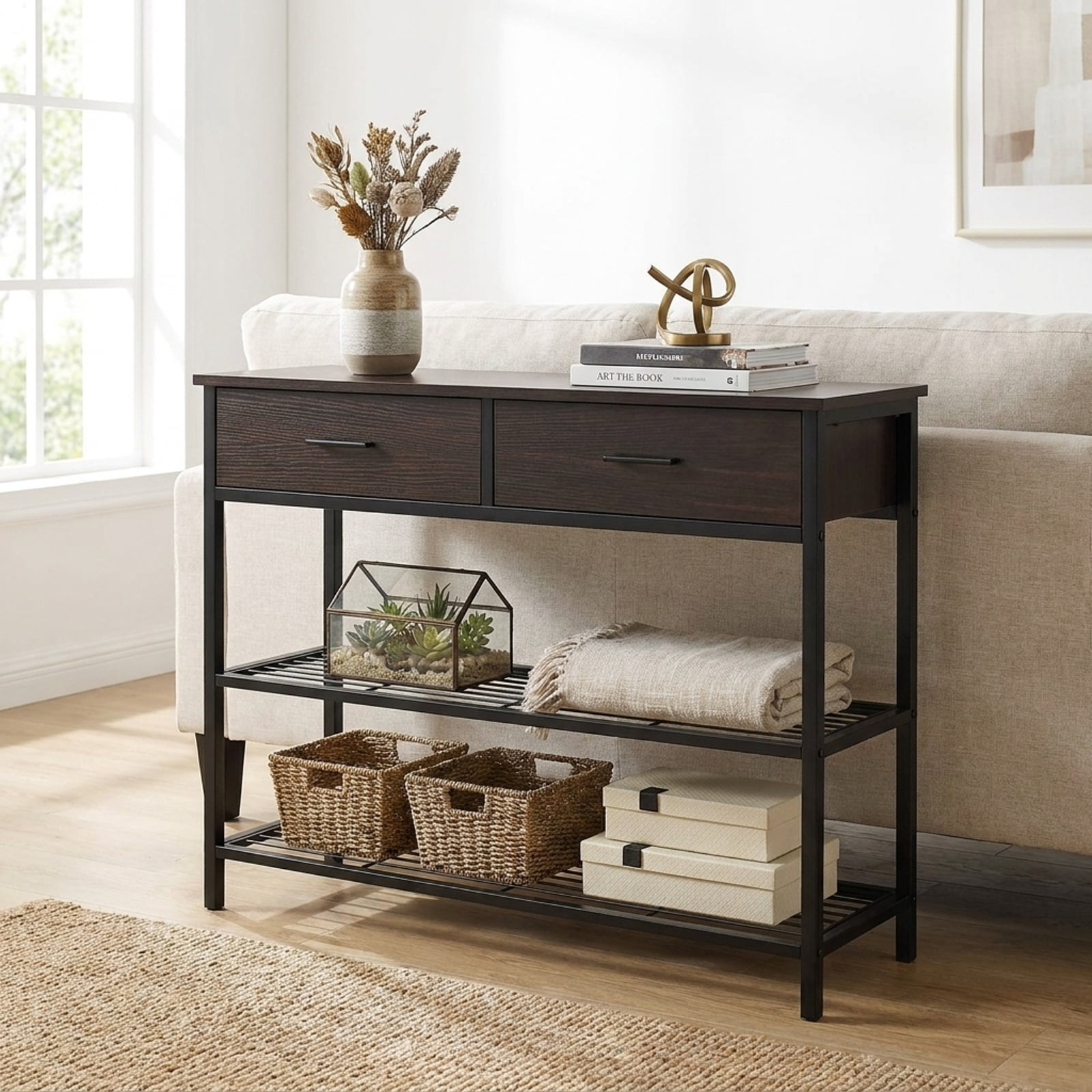 Furnibear 39.5 Inch Entryway Console Table with 2 Drawers and 2-Tier Metal Shelves for Living Room Hallway and Behind Sofa Storage, Dark Brown