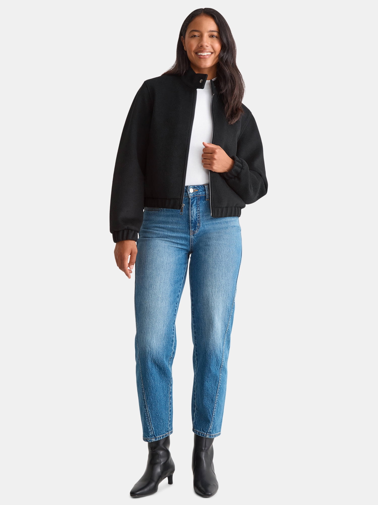 Time and Tru Women's and Women's Plus Faux Wool Bomber Jacket, Sizes XS-2X