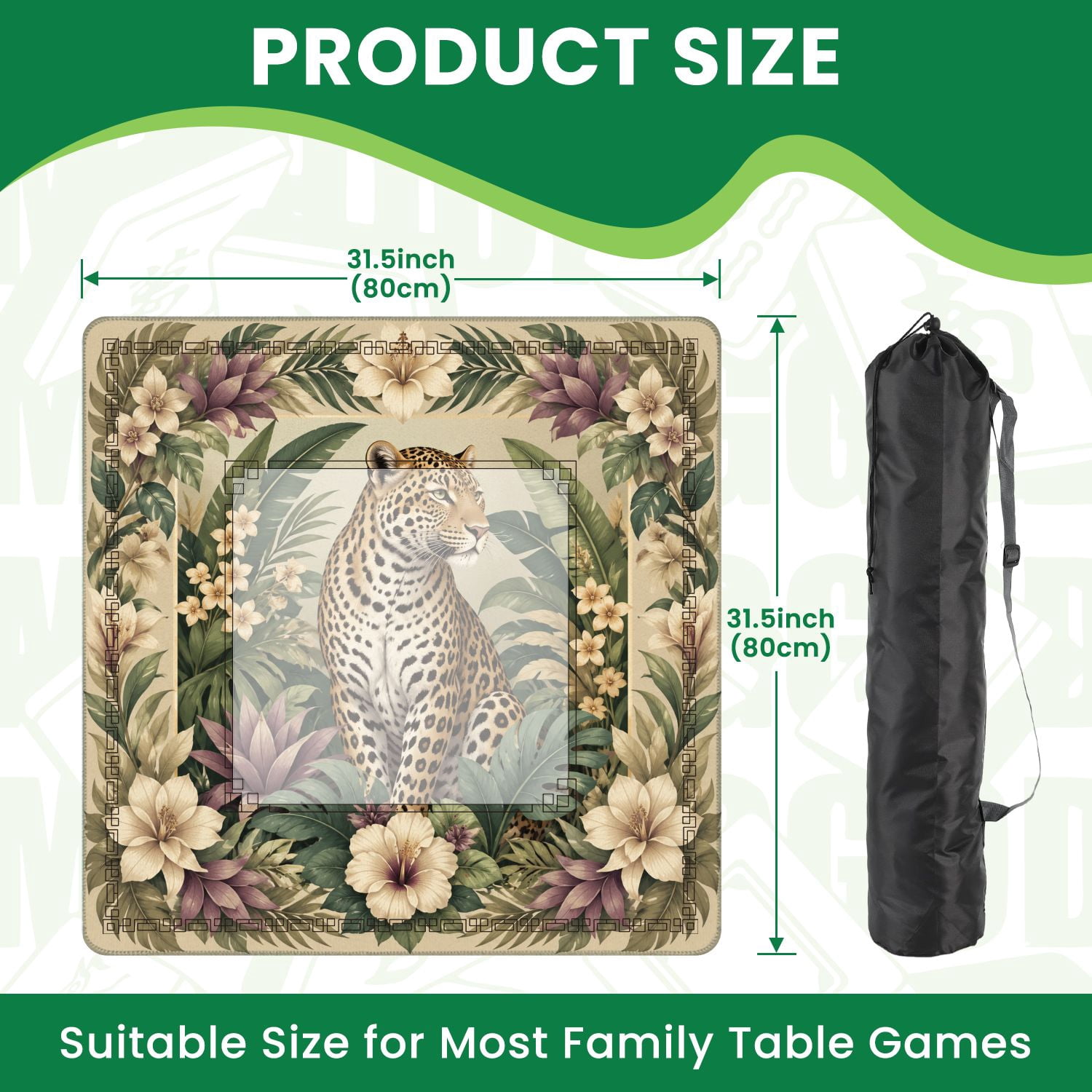 Mahjong Mat 31.5" x 31.5" Leopard Tropical Floral Jungle Greenery Soft Earth Tones Non-Slip Noise Reduction American Mahjong Tiles Table Cover for Dominoes Poker Card Board Games Gift