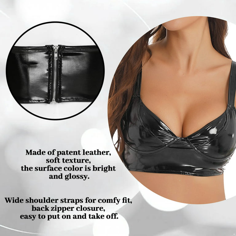 inhzoy Women's PU Leather V Neck Wireless Bra Tops Zipper Crop Tops Black M  