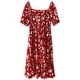 thumbnail image 4 of Dresses Plus Size Temperament Floral Square Neck Short Sleeve Waisted Ruffled A-Line Skirt Plus Size Dress Red L, 4 of 4