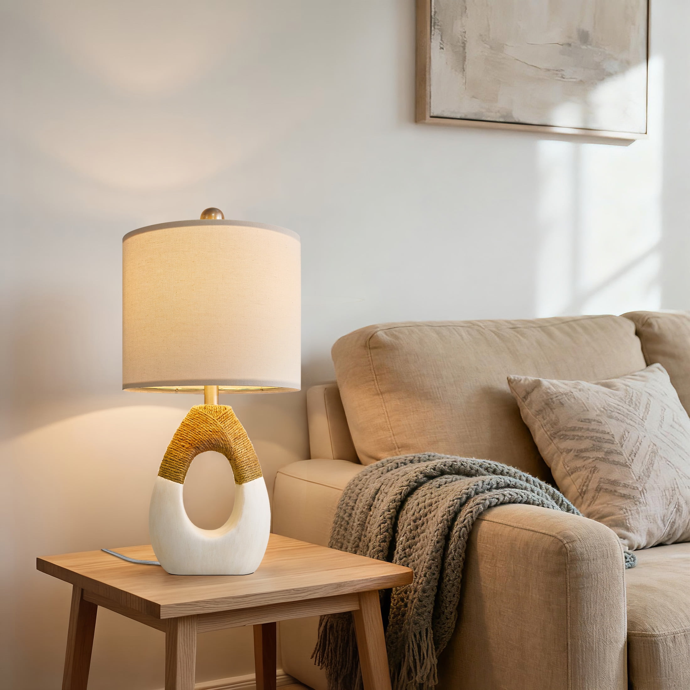 Oneach 19" White Boho Table Lamp for Living Room Bedroom Modern Resin Bedside Nightstand Lamps Set of 2 for Office Study Rattan Light