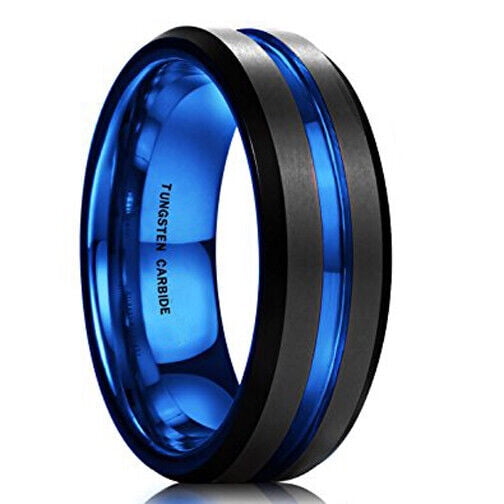 Wedding Rings For Men or Women. 8mm Black Tungsten Band w/ Blue Groove Line