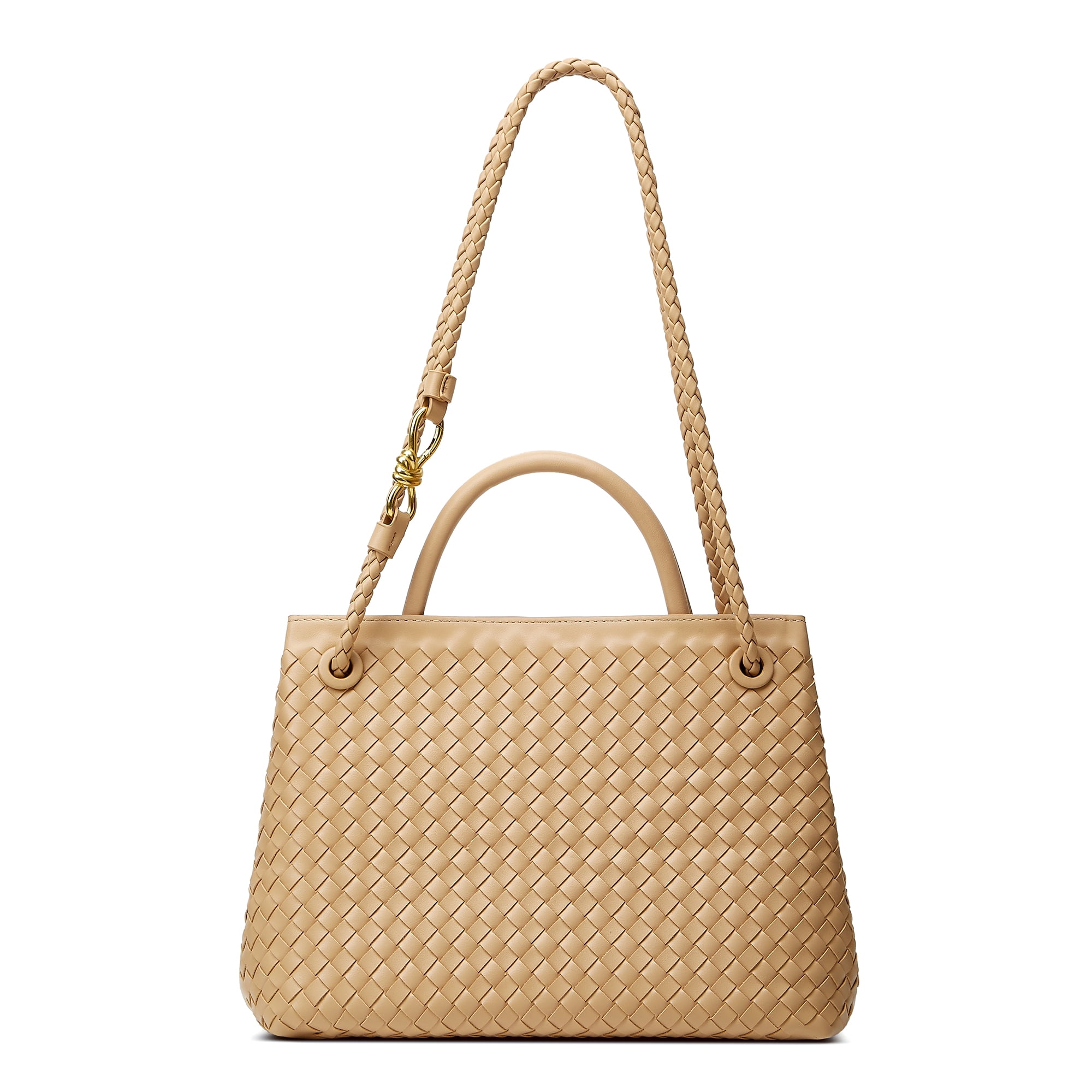 Woven Bag for Women Shoulder Purse: Vegan Leather Handbag - Handmade Tote Bag - Elegant Satchel Bag with Bowknot (Apricot, Large)