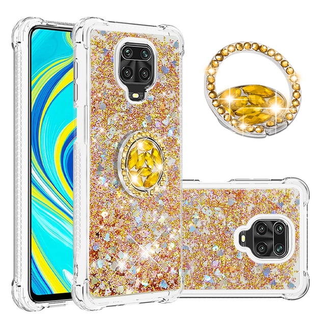 Funda para Xiaomi Redmi Note 9S/Note 9 PRO con Brillo Líquido Flotante, Purpurina, Parachoques y Anillo Giratorio Soporte