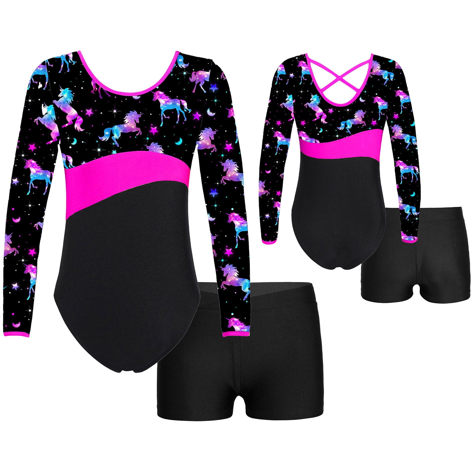 Girls' Rhinestone Gymnastics Leotard Set - Long Sleeve Unitard With Shorts (Ages 3-12)