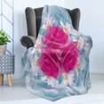 thumbnail image 4 of Rose Soft Flannel Fleece Blanket, Graphic of Roses and Lilies with Soft Pastel Colors Nature Blooms Springtime Theme, Cozy Plush for Indoor and Outdoor Use, 60" x 80", Fuchsia Blue, by Ambesonne, 4 of 5