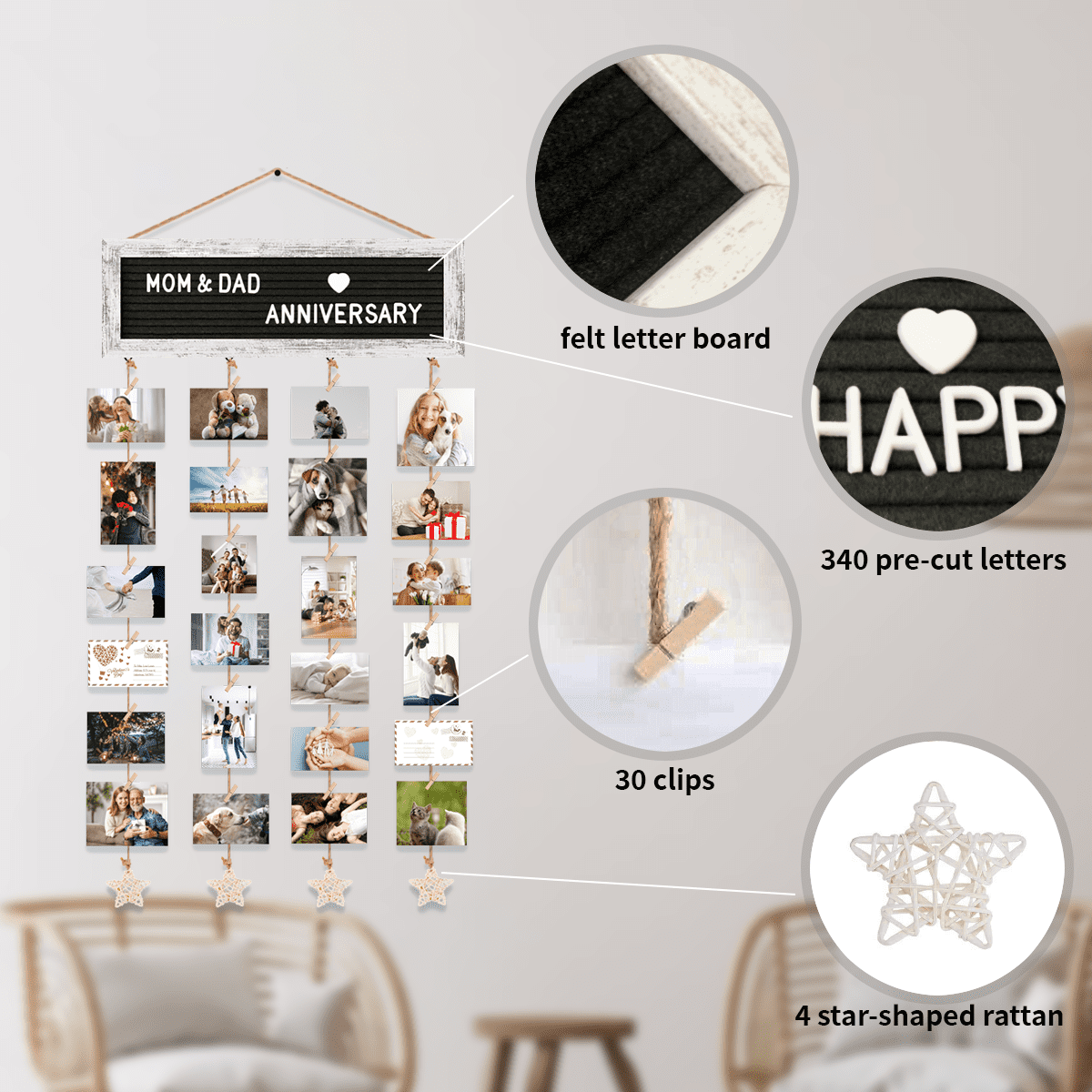 Picture Frames Collage Wall Decor Photo Frames Collage for Wall Decor, Rustic Felt Letter Board with 340 Letters and 30 Clips, Unique DIY Picture Frame Photo Organizer, Gifts for Teen Girls