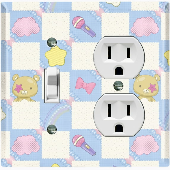 Metal Light Switch Wall Plate Outlet Cover (Blue White Toy Chest Crate Box Star Check Pattern - Single Toggle Single Duplex)