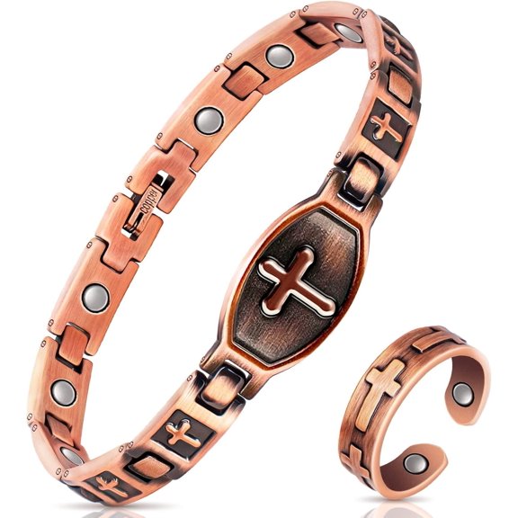 Wollet Cross Copper Magnetic Bracelets & Rings for Women, Pure Copper Jewelry Set, Christian Christmas Gift