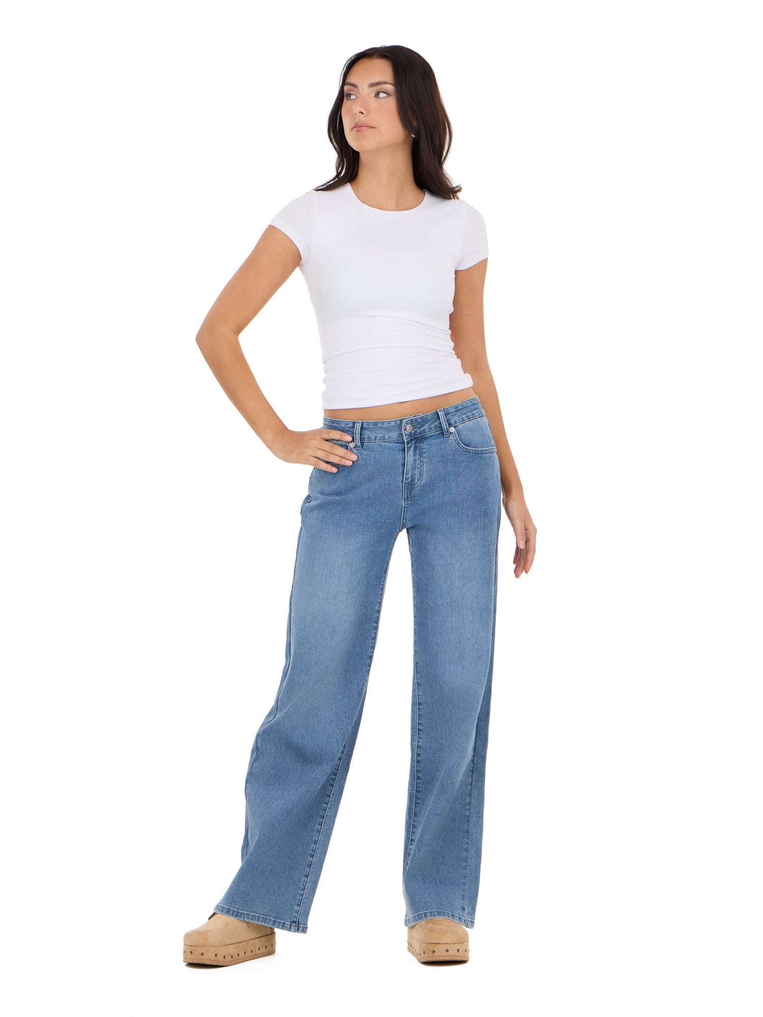 Forever 21 Women's Low Waist Wide Leg Denim Pants with Screen Print, Relaxed Fit Baggy Jeans, Vintage Wash Casual Streetwear, Blue, 00-4X