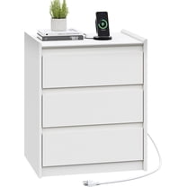 3 Drawers White Nightstand with Charging Station, 24" Tall Bedside Table End Table for Bedroom or Living Room