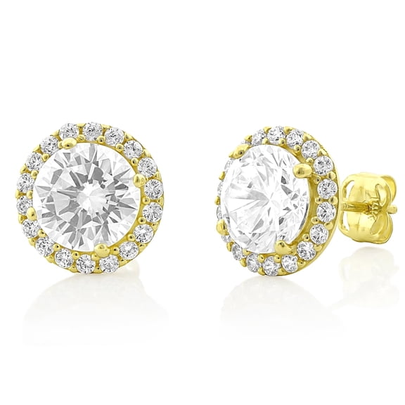 Vinali 14K Solid Yellow Gold Large 2.10ct Cz Round Halo Stud Earrings