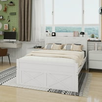 Full Size Wooden Bed with Storage Headboard with Outlets, Extendable Bed with Twin Size Trundle with Three Storage Drawers,White