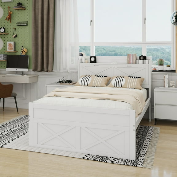 Full Size Wooden Bed with Storage Headboard with Outlets, Extendable Bed with Twin Size Trundle with Three Storage Drawers,White