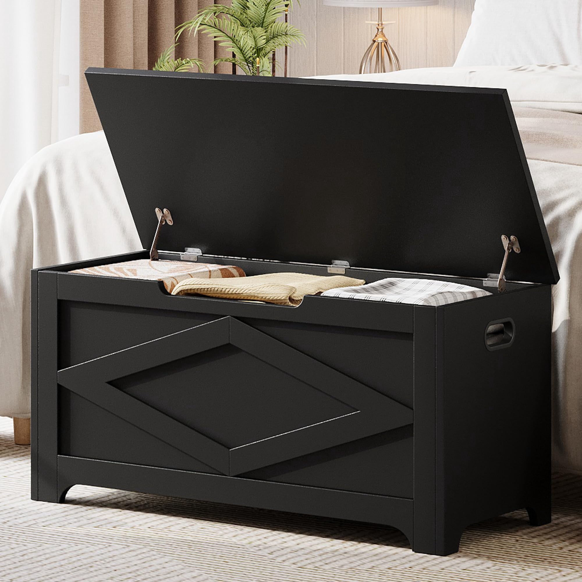 KOKEBREN 39.4"L Storage Chest, Wooden Toy Storage Bench, Modern Style Lift-Top Toy Chest with Safety Hinge for Entryway, Bedroom, Living Room,Black