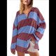 thumbnail image 2 of Suéteres de Cuello en V y Larga con Botones y Bloques de Color A Rayas para Mujer, Moda de Otoño 2025, Talla Grande Rojo y Azul L, 2 of 6