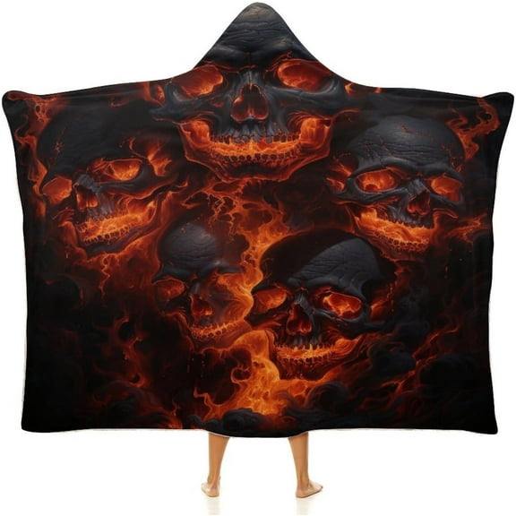 3D Flame Skull Print Wearable Blanket for Adults Cloak Hooded Blanket with Halloween Theme on It Suitable for All Season