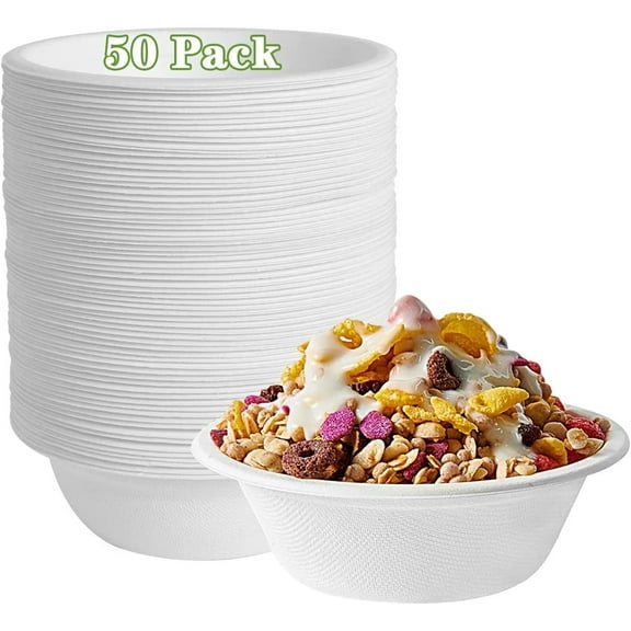 Casewin 50 Pack Compostable 12oz Paper Bowls,Heavy-Duty Quality Natural Disposable Bagasse Bowls,Biodegradable Natural Colour Paper Bowls for Salad,Hot Soup,Pasta and Dessert