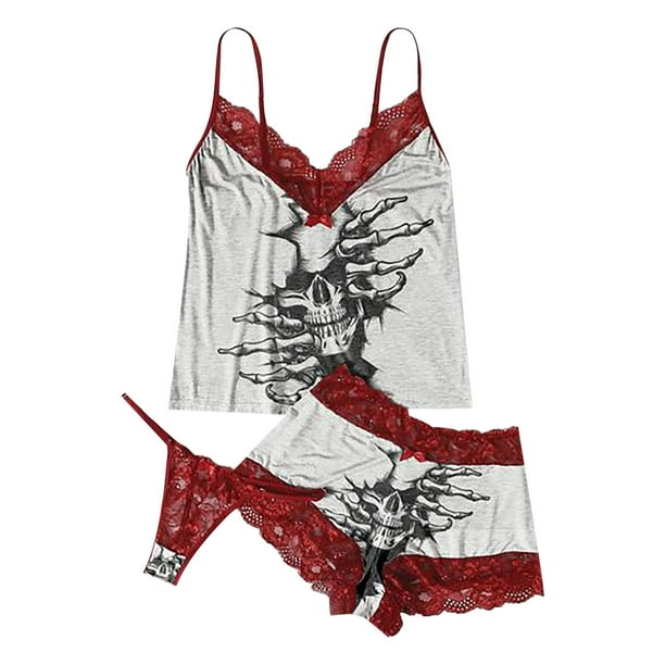 Sujetador de lencería de encaje exquisito para mujer + Short + Briefs Set Skull Print Sleepwear Fridja nalpqowj42737