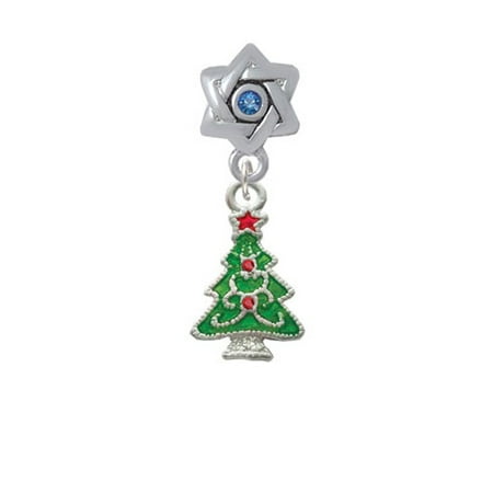 Christmas Tree Star Charm - Green Christmas Tree with Red Crystals - Star of David with Blue Crystal Charm Bead
