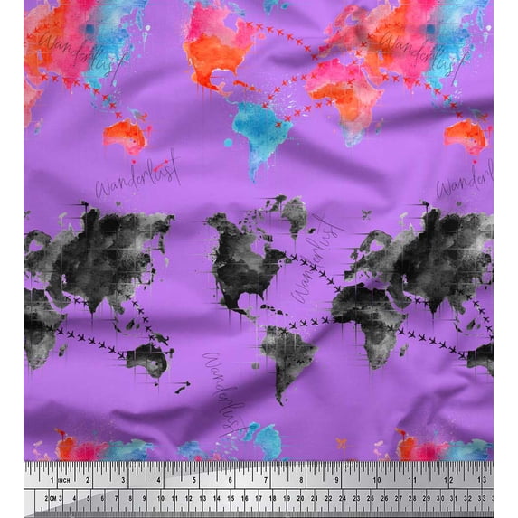 Soimoi Purple Japan Crepe Satin Fabric Text & Map Watercolor Print Sewing Fabric Yard 42 Inch Wide