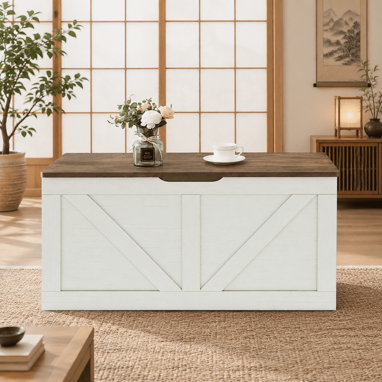 Brown + Rustic White Wooden Storage Bench Large Trunk 39.4 Inch ...