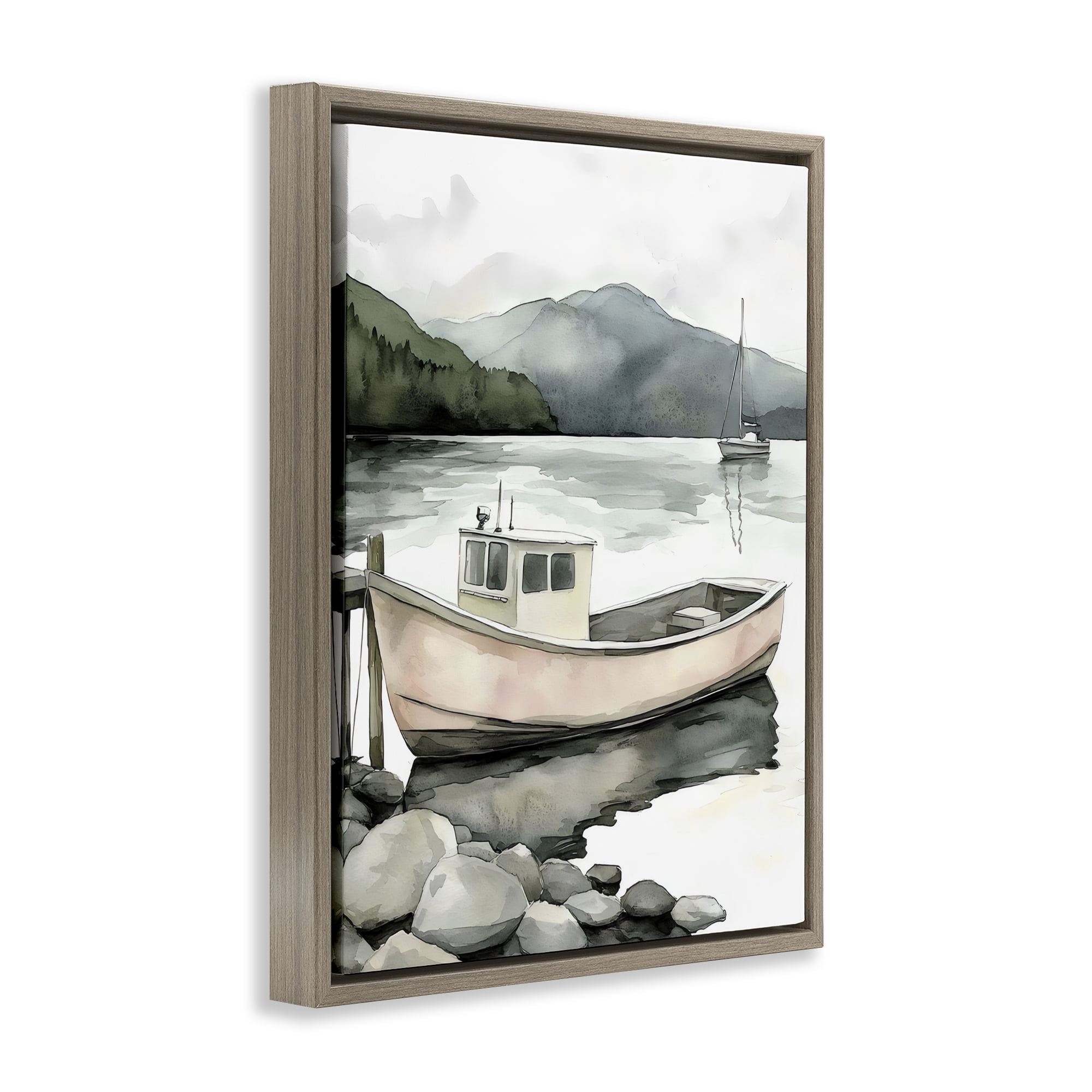 Stupell Industries Coastal Calm Docked Boat Brown Framed Floater Canvas Wall Art, design by Riley B