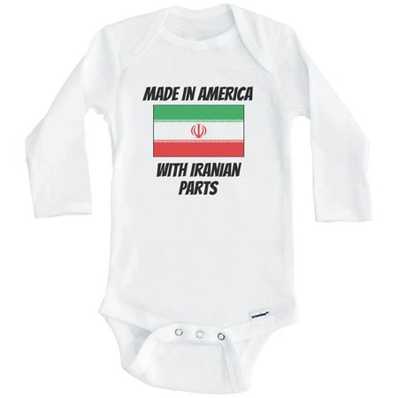 

Made In America With Iranian Parts Iran Flag Funny One Piece Baby Bodysuit (Long Sleeve) 6-9 Months White
