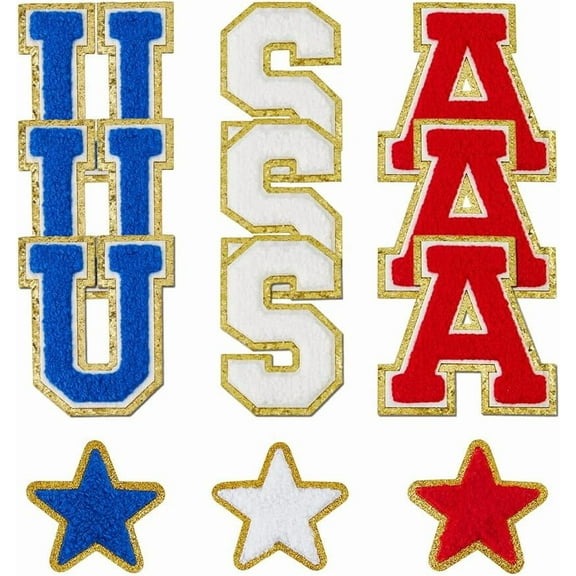 12Pcs USA Letter Patch Patriotic Iron On Patch Star Embroidered Applique Patches Glitter Red White Blue USA Chenille Patches for Clothes Bags Pants Accessory Decor