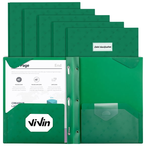 ViVin Chemise en Plastique Robuste avec Pochettes et 3 Attaches, Chemise à Fermoirs, Lot de 5, Vert