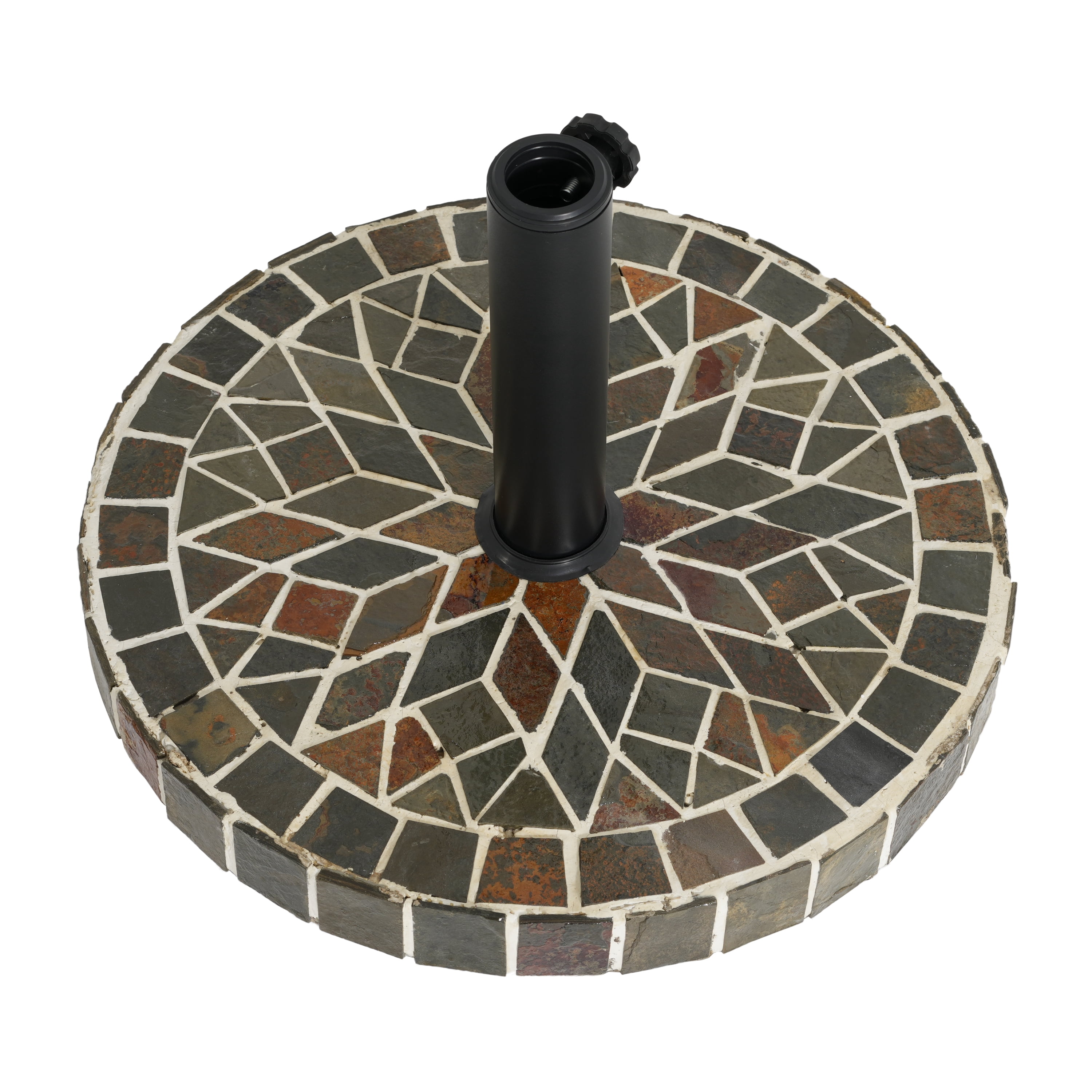 Umbrella Base with Ceramic Tile Mosaic and Concrete Fill, Round Patio Umbrella Stand and Outdoor Shade Base with Iron Pole, Mixed Color