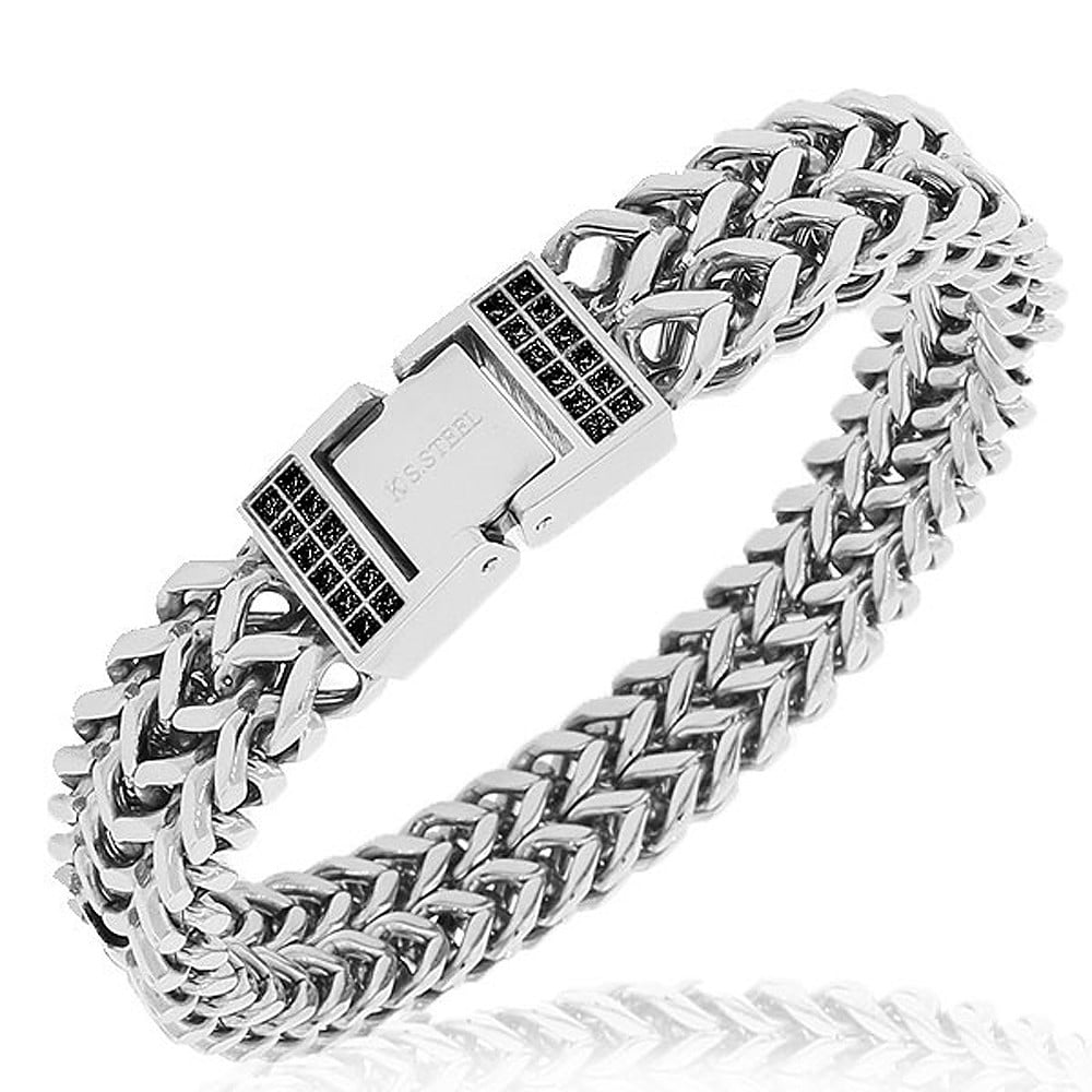 Stainless Steel Silver-Tone Black CZ Double Wheat Chain Men's Bracelet ...