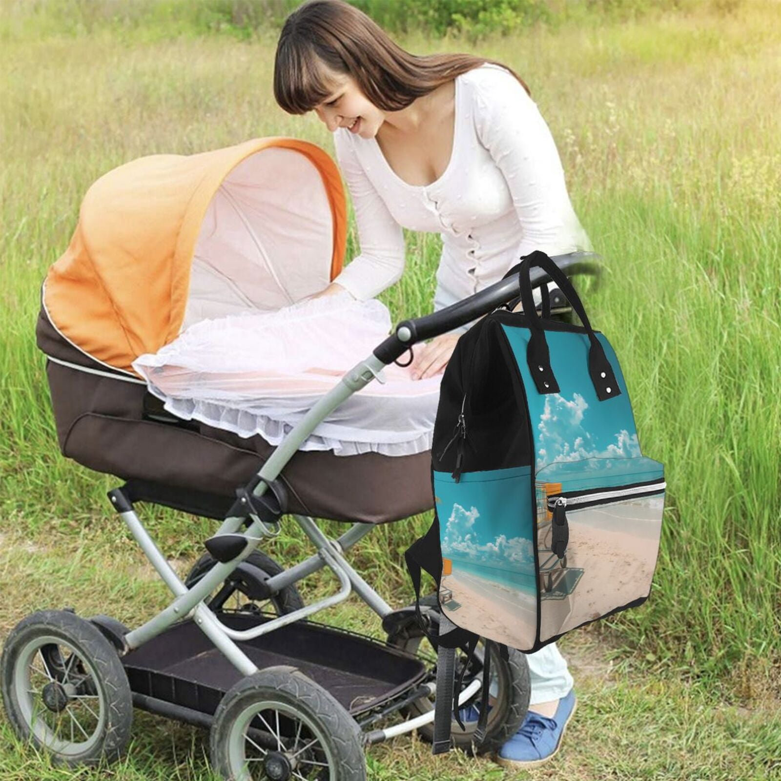 Fuzoiu Shopping Cart On Tropical Beach Print Diaper Bag Backpack,Baby Essentials Travel Tote,Multi function Waterproof Diaper Bag, Travel Essentials Baby Bag - Unisex