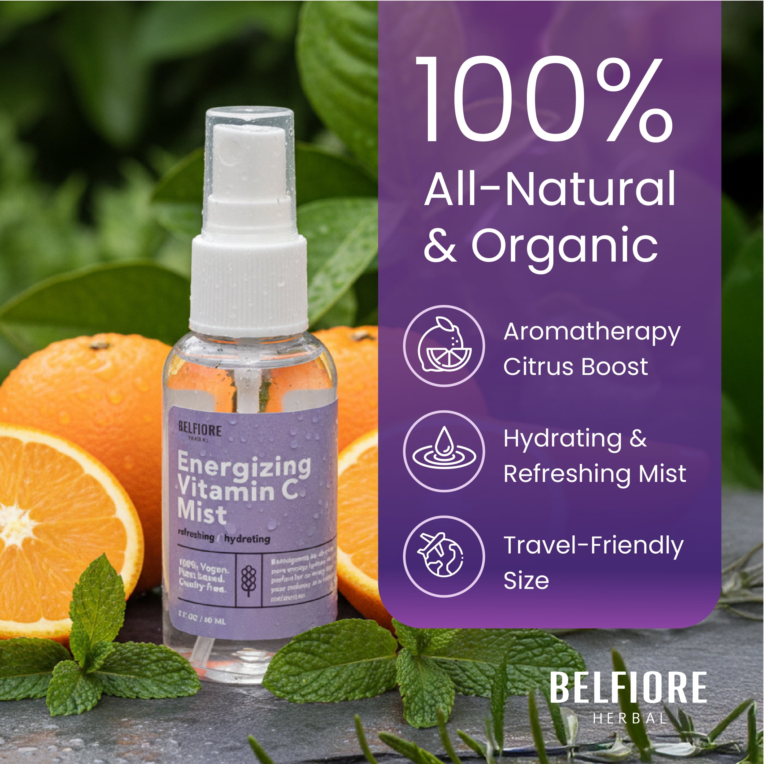 Belfiore Herbal Energizing Vitamin C Mist - Hydrating Glow Spray - 2oz, 3 Pack