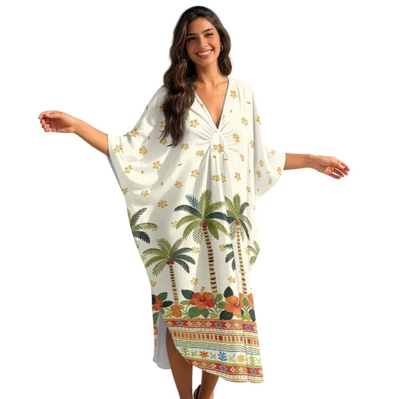 Xixirimido Tropical Palm Tree Hibiscus Print Womens Plus Size Kaftan Dress V Neck Batwing Sleeve Beach Cover Up Swimsuit Coverups Summer Lounge Caftan Dress