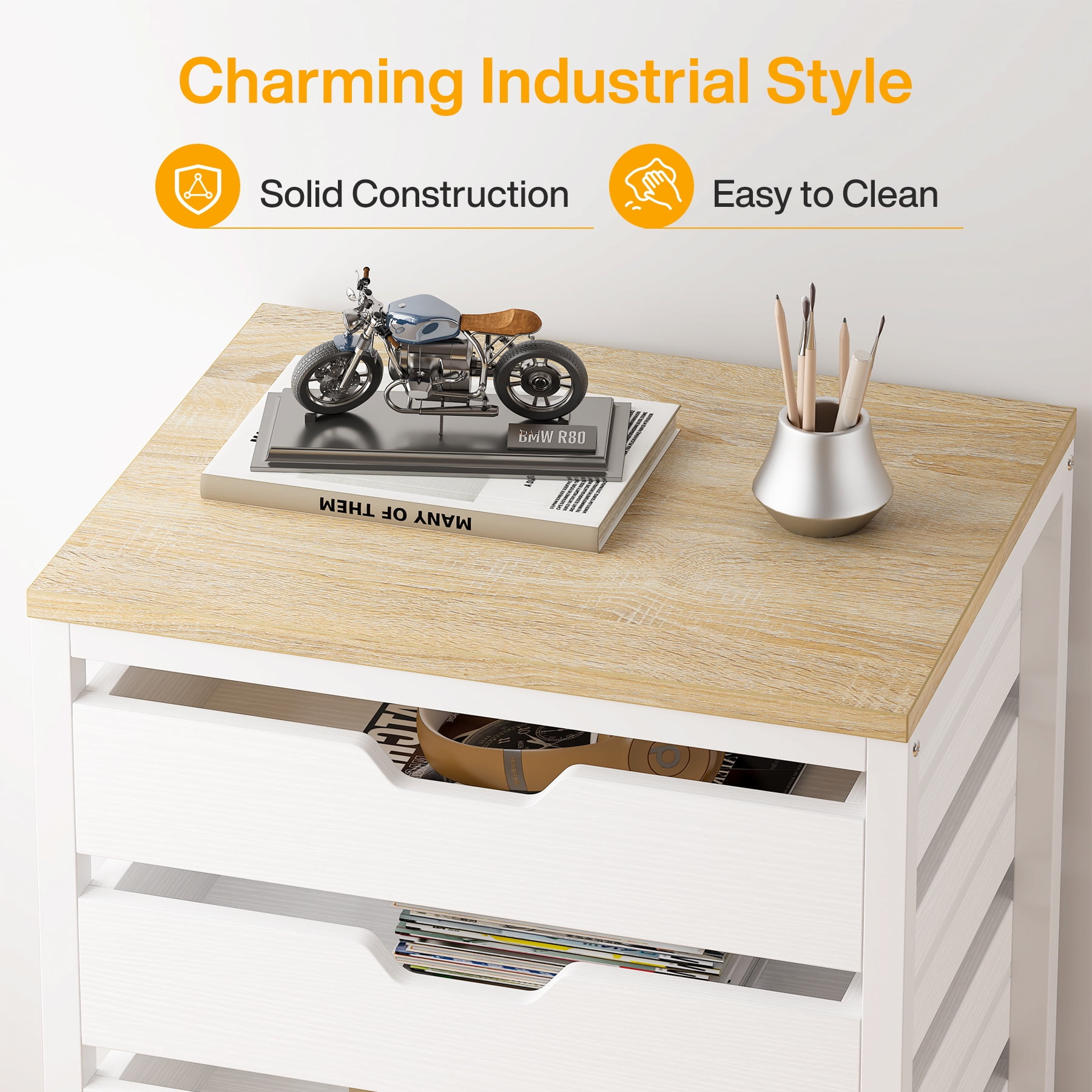 Tribesigns Modern 5-Drawer Dresser for Bedroom, Small Portable Chest of Drawers with Wheels and Metal Frame for Living Room, White