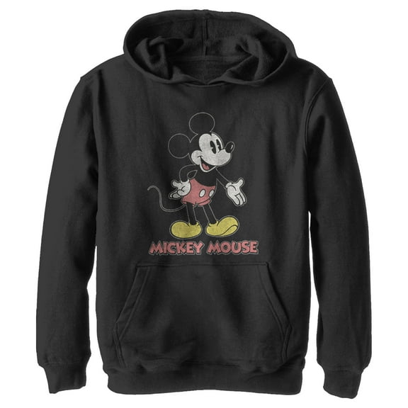Boy's Mickey & Friends Mickey Mouse Retro Stance Distressed Pull Over Hoodie Black X Large