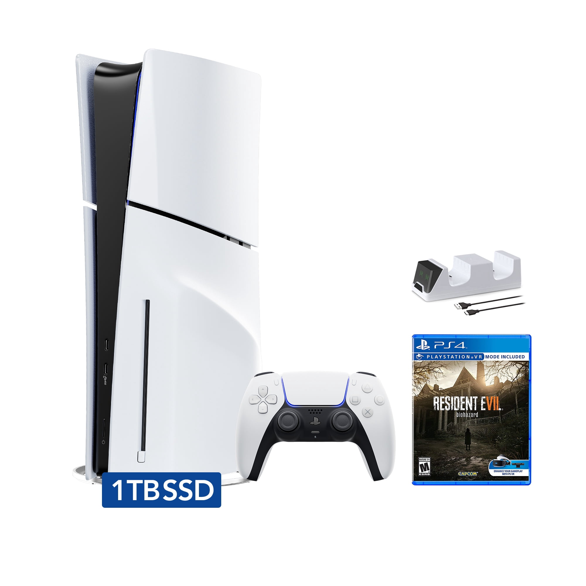 PlayStation 5 Slim Disc Edition Bundle with Resident Evil 7 and C-Gamers Dual-Controller Charger - PS5, White