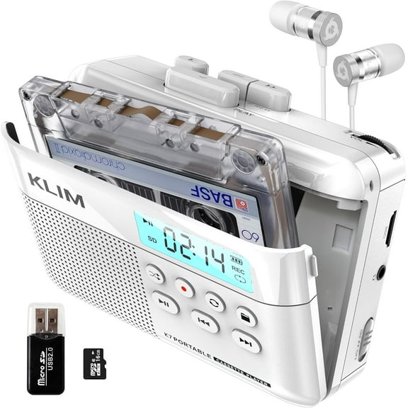 KLIM K7 Portable Cassette Tape Player - MP3 Converter - Built-in Microphone & Speaker - Rechargeable Battery - Earphones  Included - 16GB SD Card - White
