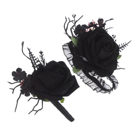 DEEPCRAFF Artificial Black Rose Boutonniere and Wrist Corsage Set for Dark Weddings